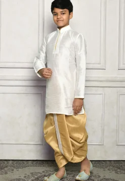 Contrast Trim Dupion Silk Dhoti Kurta in White