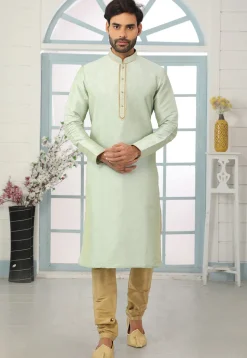 Contrast Trim Dupion Silk Kurta Set in Pastel Green
