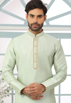 Contrast Trim Dupion Silk Kurta Set in Pastel Green