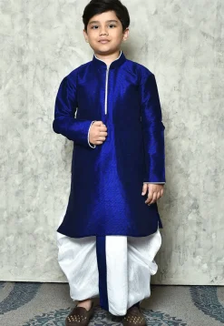 Contrast Trim Dupion Silk Dhoti Kurta in Royal Blue