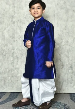 Contrast Trim Dupion Silk Dhoti Kurta in Royal Blue