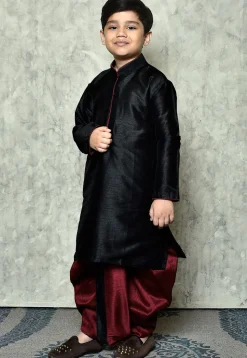 Contrast Trim Dupion Silk Dhoti Kurta in Black