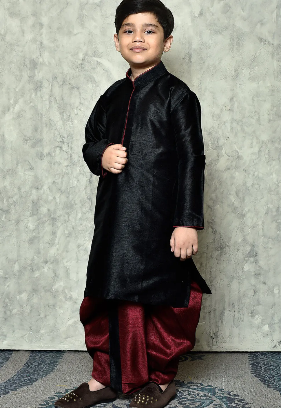 Contrast Trim Dupion Silk Dhoti Kurta in Black
