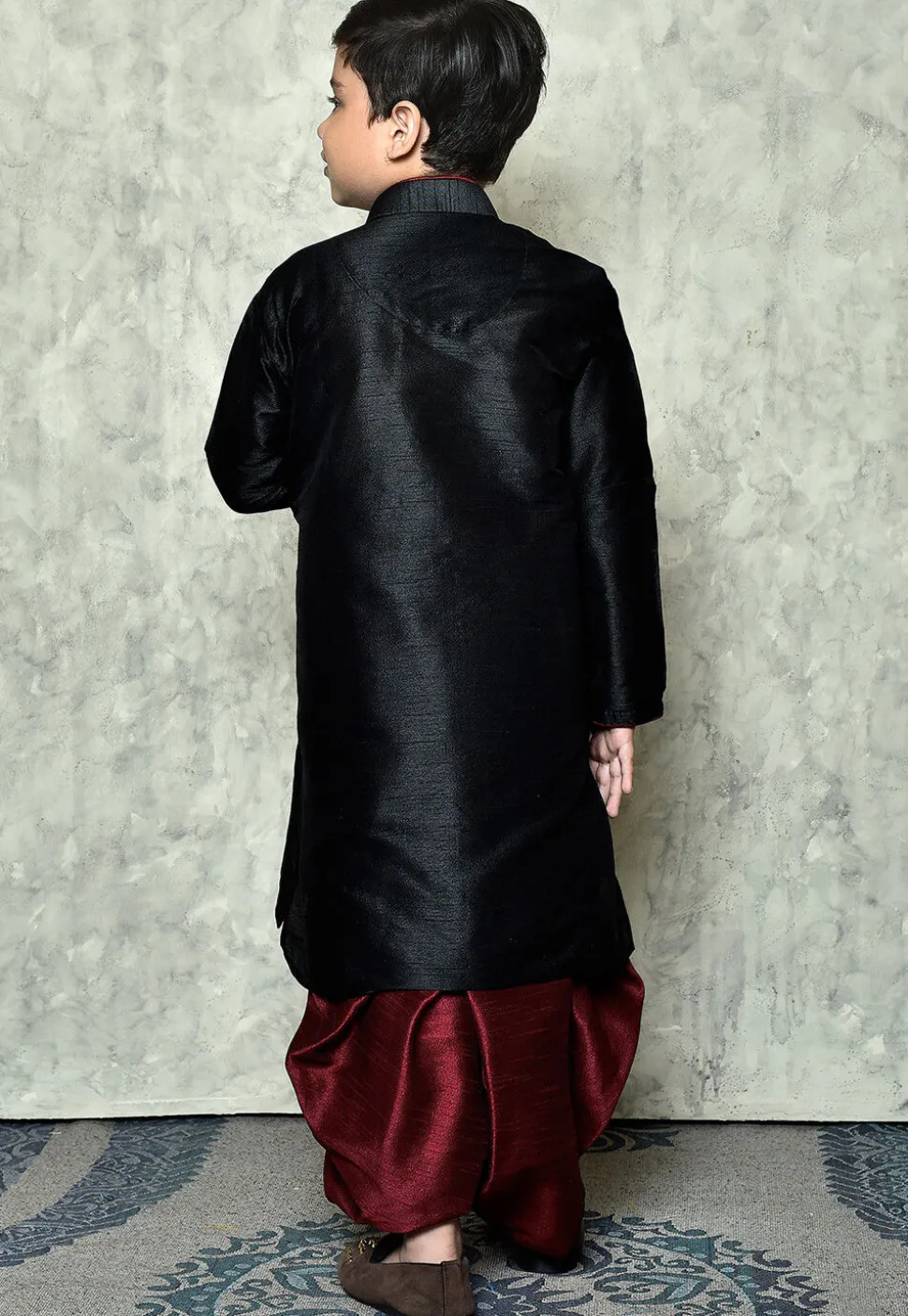 Contrast Trim Dupion Silk Dhoti Kurta in Black