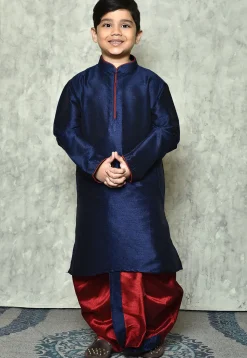 Contrast Trim Dupion Silk Dhoti Kurta in Navy Blue