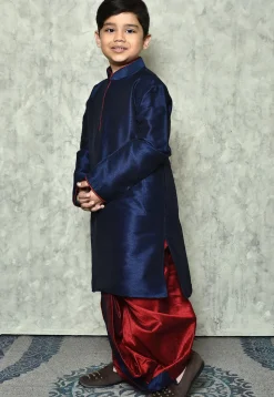 Contrast Trim Dupion Silk Dhoti Kurta in Navy Blue