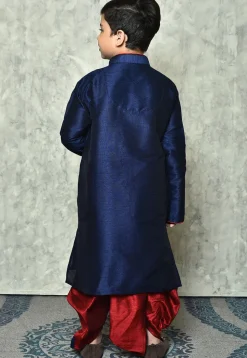 Contrast Trim Dupion Silk Dhoti Kurta in Navy Blue