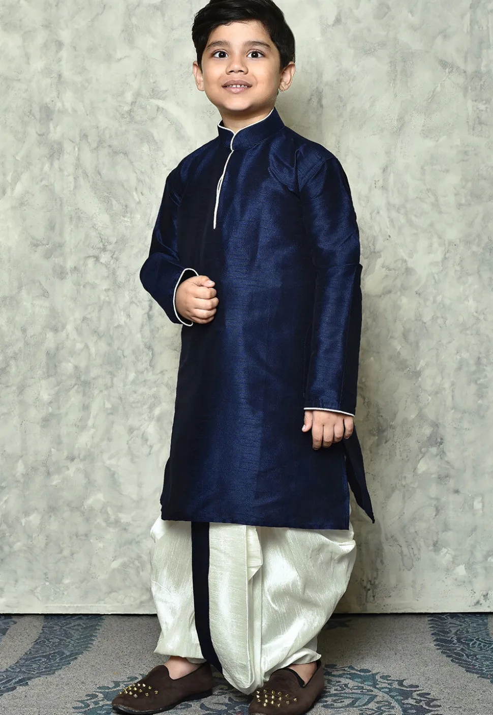 Contrast Trim Dupion Silk Dhoti Kurta in Navy Blue