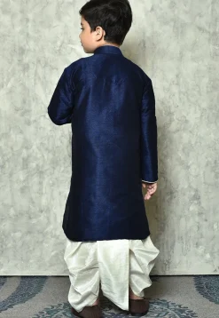Contrast Trim Dupion Silk Dhoti Kurta in Navy Blue