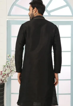 Contrast Trim Dupion Silk Kurta in Black
