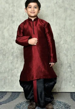 Contrast Trim Dupion Silk Dhoti Kurta in Maroon