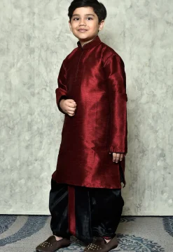 Contrast Trim Dupion Silk Dhoti Kurta in Maroon