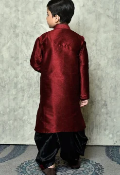 Contrast Trim Dupion Silk Dhoti Kurta in Maroon