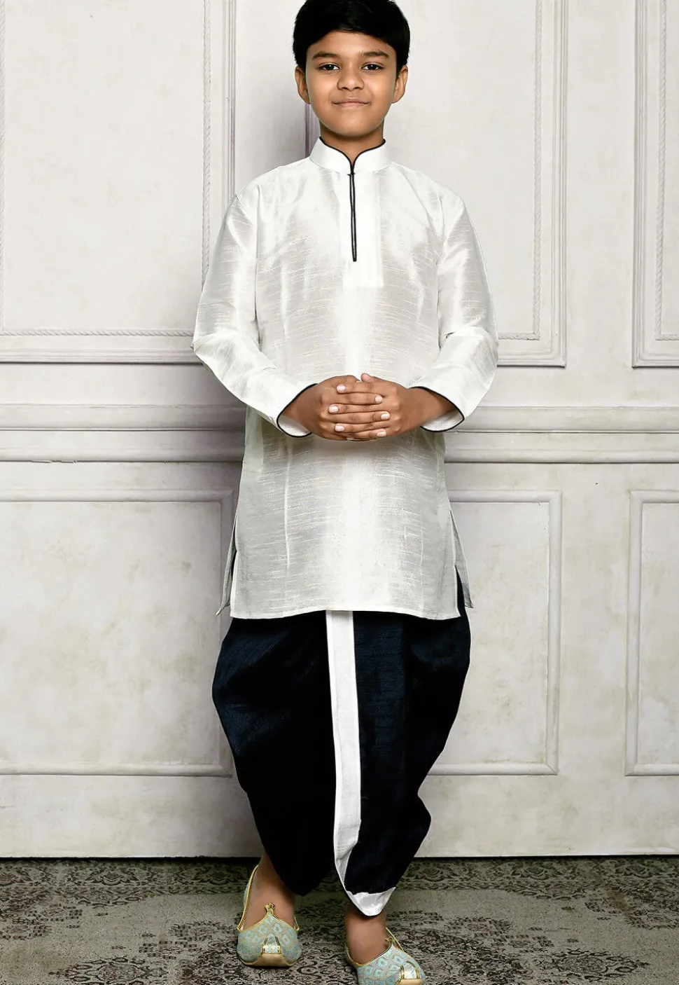 Contrast Trim Dupion Silk Dhoti Kurta in Off White