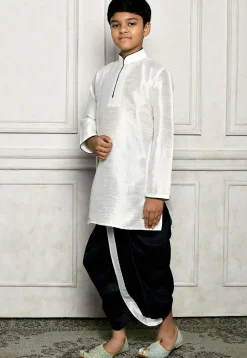 Contrast Trim Dupion Silk Dhoti Kurta in Off White