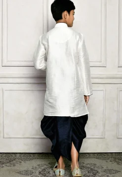 Contrast Trim Dupion Silk Dhoti Kurta in Off White