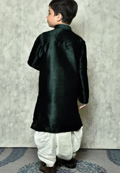Contrast Trim Dupion Silk Dhoti Kurta in Dark Teal Green
