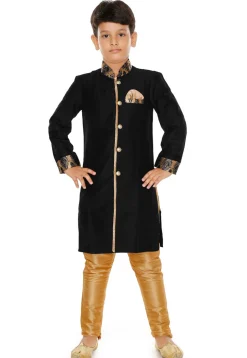 Contrast Trim Dupion Silk Straight Front Open Sherwani in Black