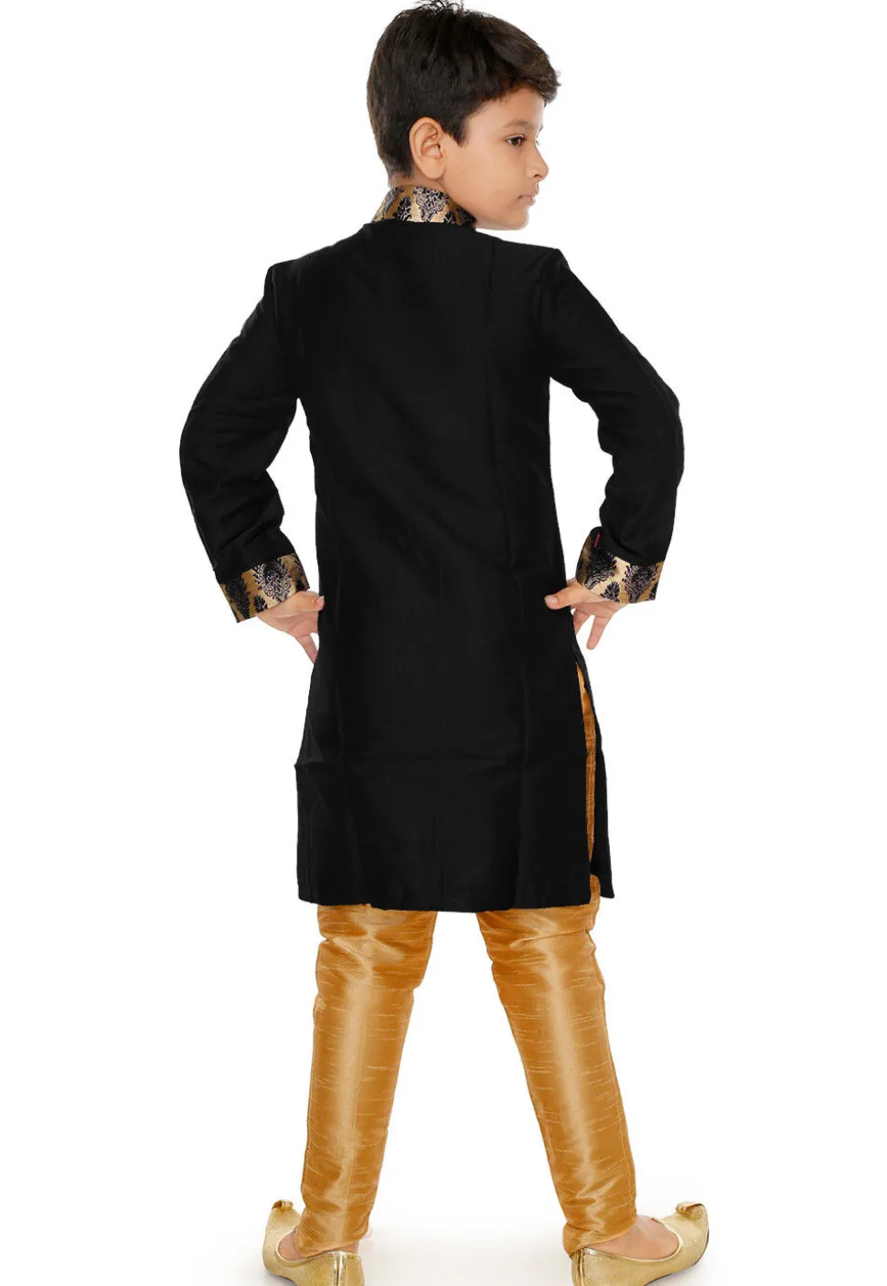 Contrast Trim Dupion Silk Straight Front Open Sherwani in Black
