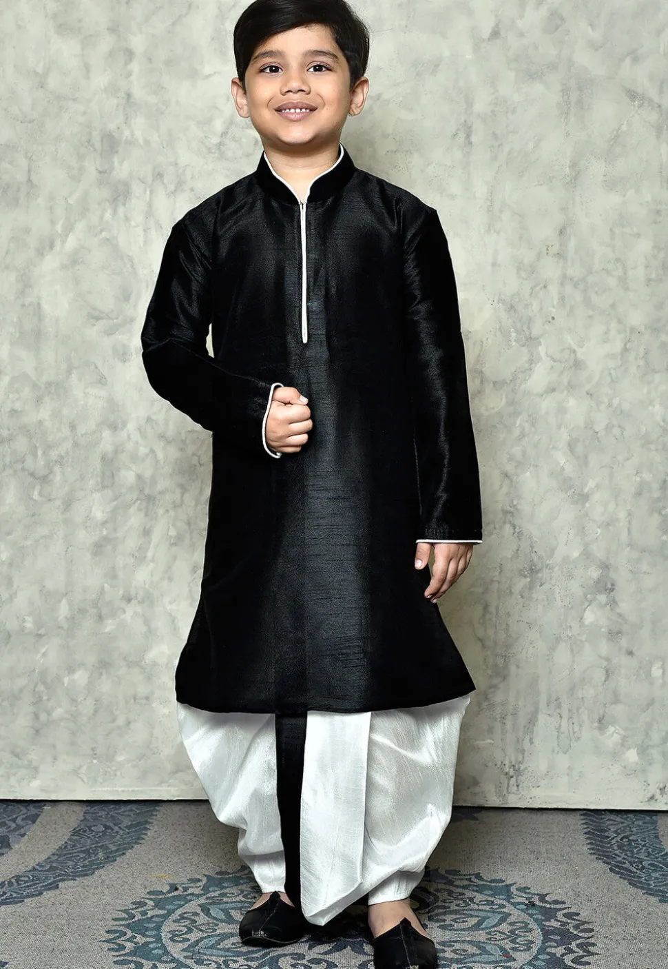 Contrast Trim Dupion Silk Dhoti Kurta in Black