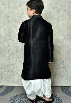 Contrast Trim Dupion Silk Dhoti Kurta in Black
