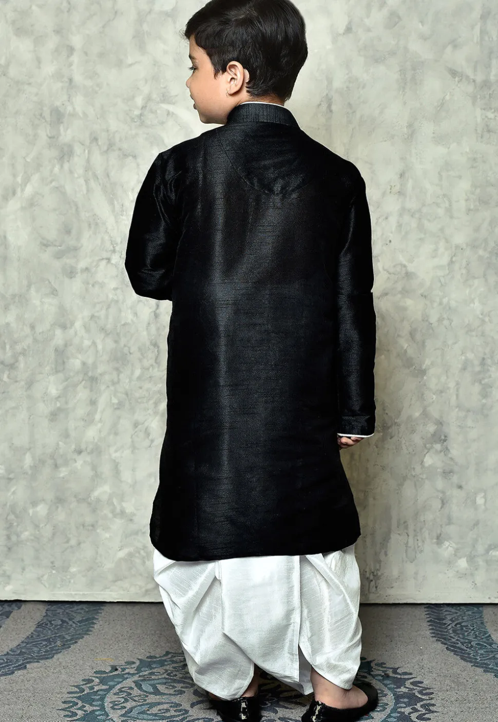 Contrast Trim Dupion Silk Dhoti Kurta in Black