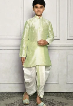 Contrast Trim Dupion Silk Dhoti Kurta in Pastel Green