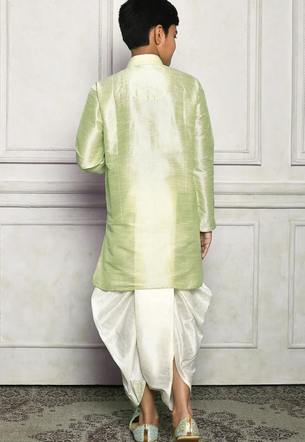 Contrast Trim Dupion Silk Dhoti Kurta in Pastel Green