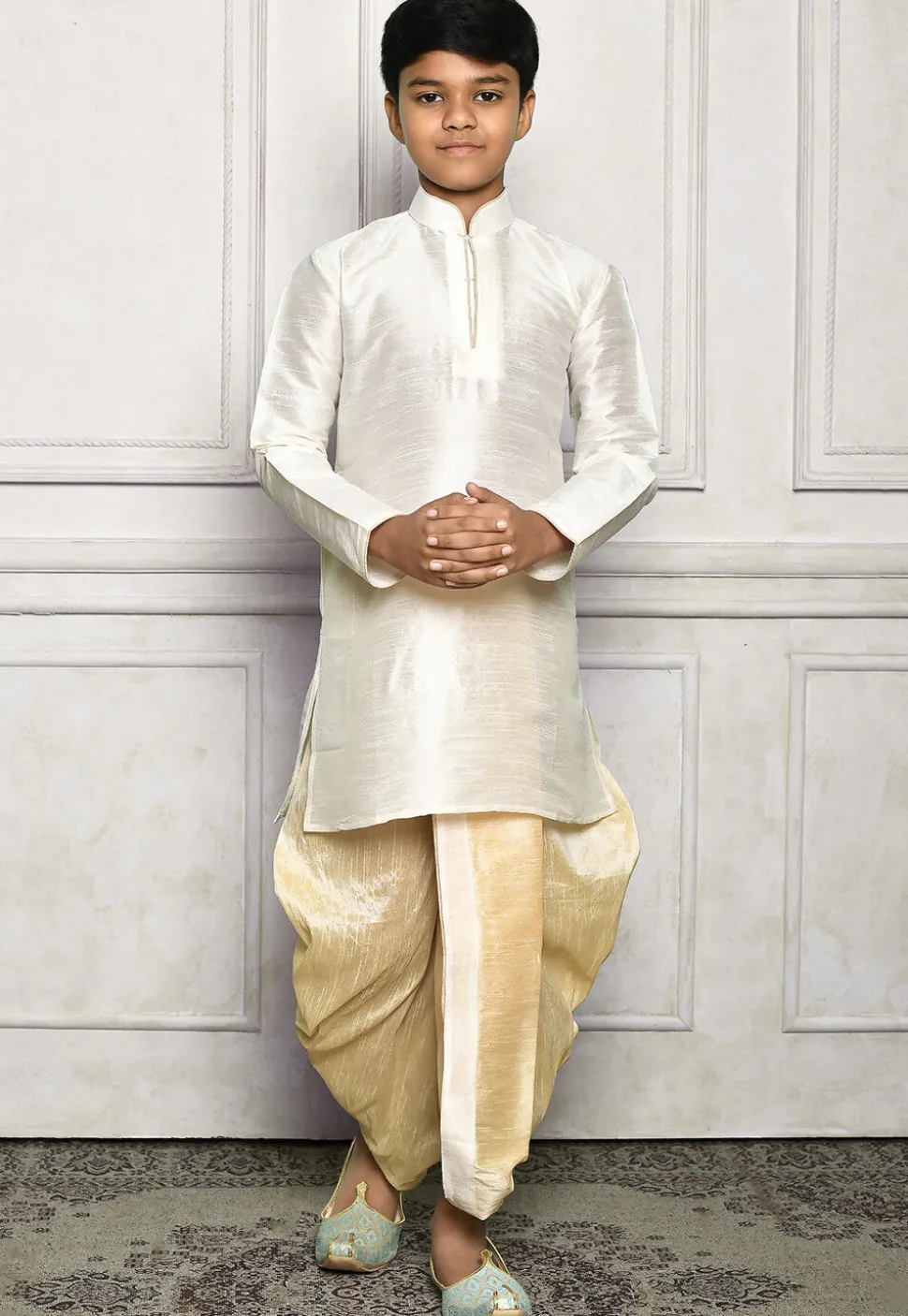 Contrast Trim Dupion Silk Dhoti Kurta in Off White