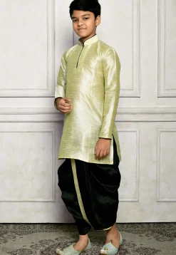 Contrast Trim Dupion Silk Dhoti Kurta in Dusty Green