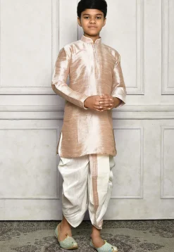 Contrast Trim Dupion Silk Dhoti Kurta in Beige