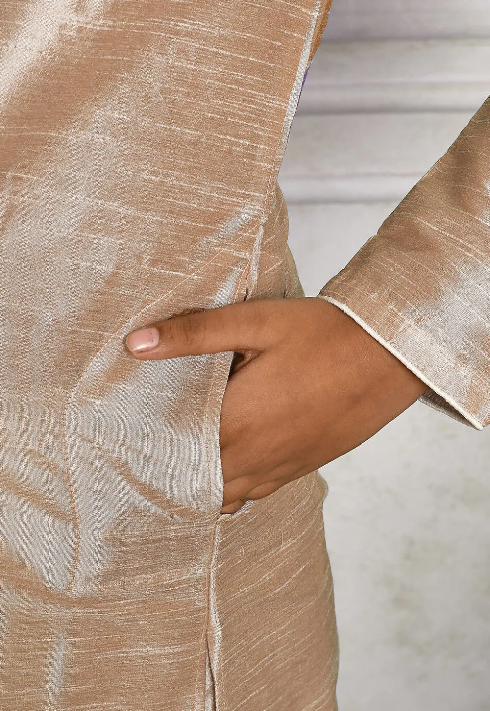 Contrast Trim Dupion Silk Dhoti Kurta in Beige