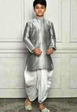 Contrast Trim Dupion Silk Dhoti Kurta in Grey