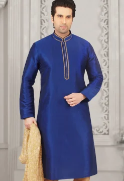 Contrast Trim Dupion Silk Kurta in Royal Blue