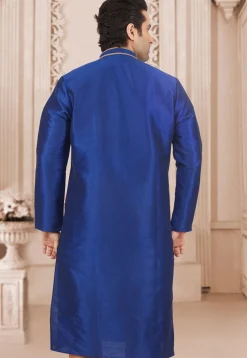 Contrast Trim Dupion Silk Kurta in Royal Blue