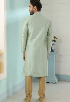 Contrast Trim Dupion Silk Kurta Set in Pastel Green