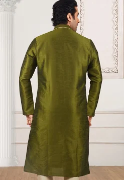 Contrast Trim Dupion Silk Kurta Set in Olive Green