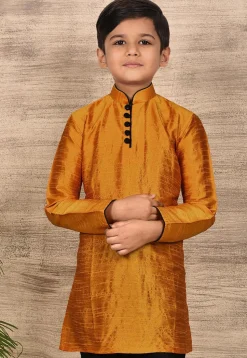 Contrast Trim Dupion Silk Kurta in Mustard