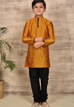 Contrast Trim Dupion Silk Kurta in Mustard