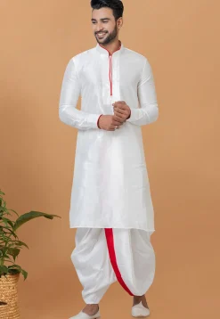 Contrast Trim Dupion Silk Kurta Set in White