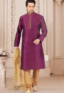 Contrast Trim Dupion Silk Kurta Set in Magenta