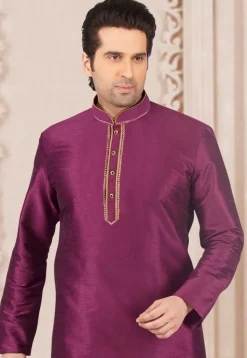 Contrast Trim Dupion Silk Kurta Set in Magenta