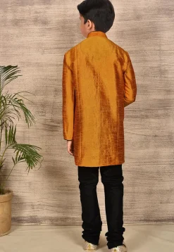 Contrast Trim Dupion Silk Kurta Set in Mustard