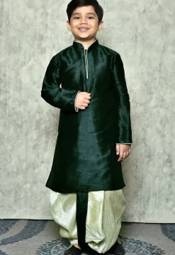 Contrast Trim Dupion Silk Dhoti Kurta in Dark Green