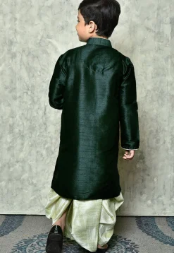 Contrast Trim Dupion Silk Dhoti Kurta in Dark Green