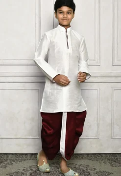 Contrast Trim Dupion Silk Dhoti Kurta in White