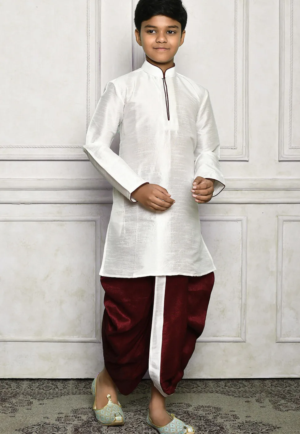Contrast Trim Dupion Silk Dhoti Kurta in White