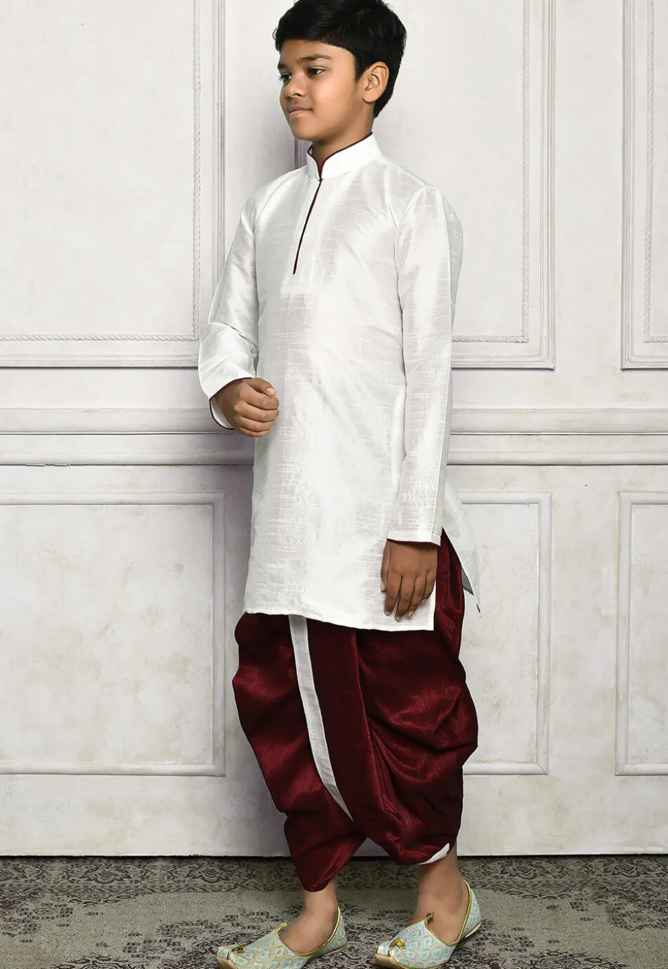 Contrast Trim Dupion Silk Dhoti Kurta in White