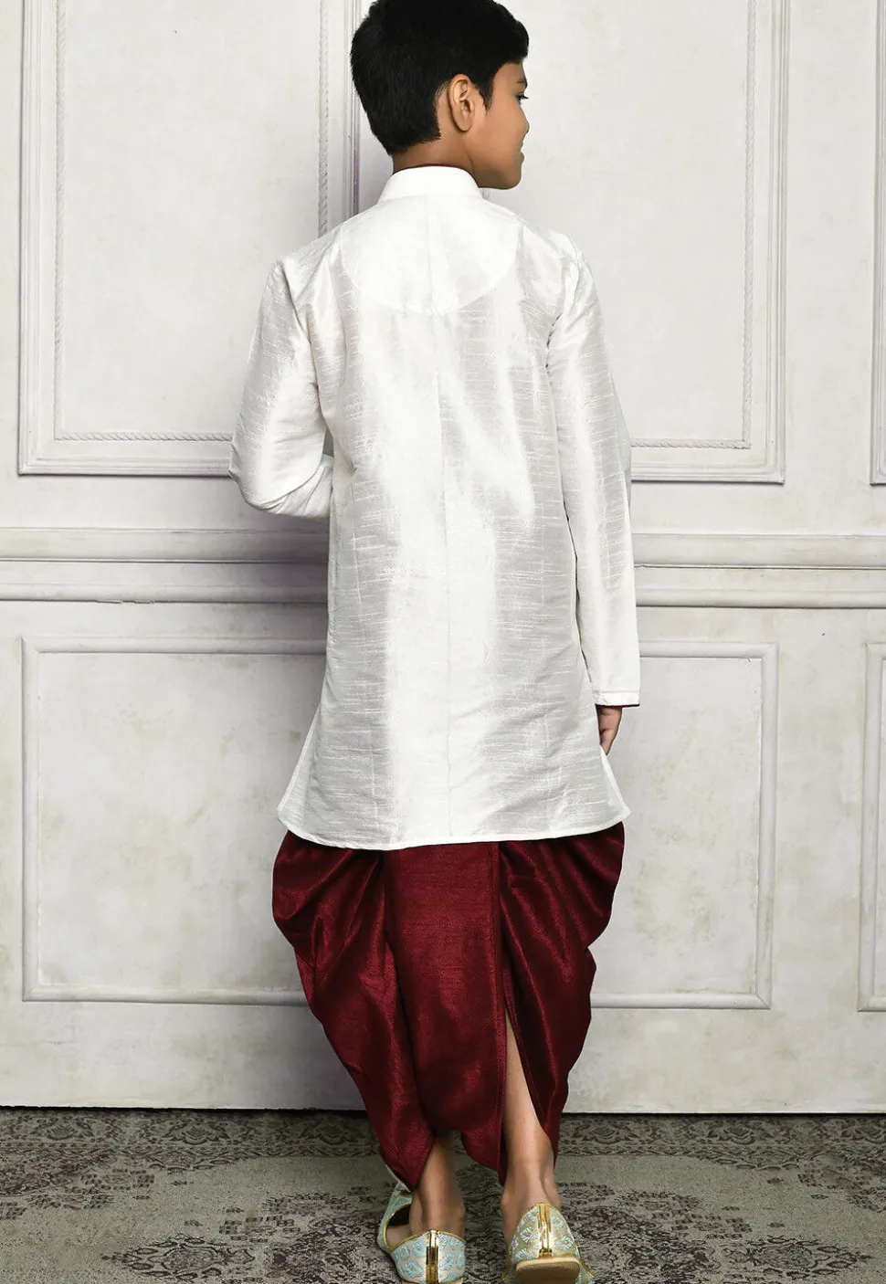 Contrast Trim Dupion Silk Dhoti Kurta in White