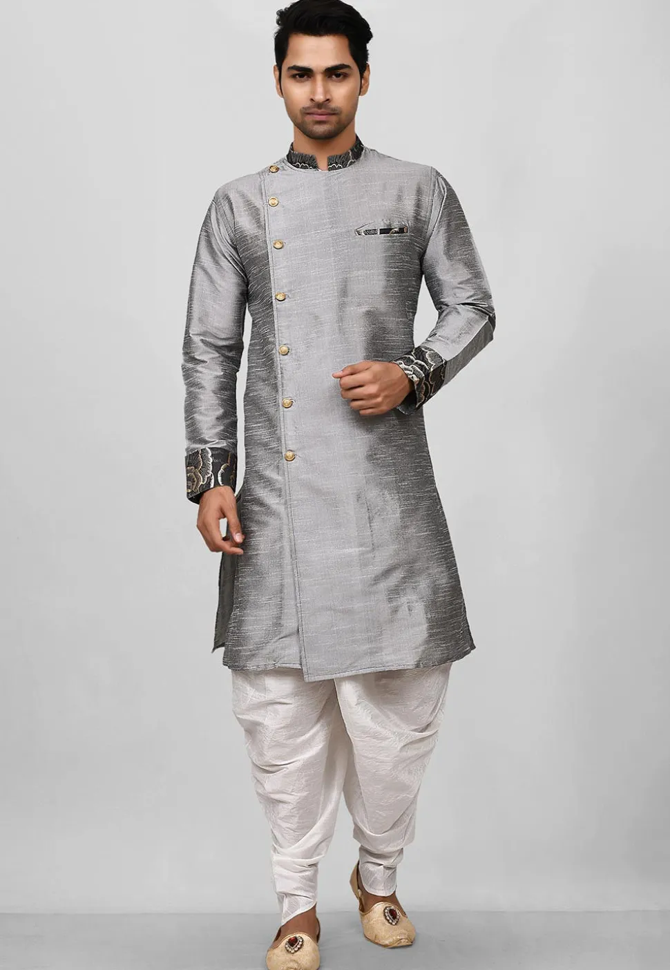 Contrast Trim Dupion Silk Dhoti Kurta in Grey